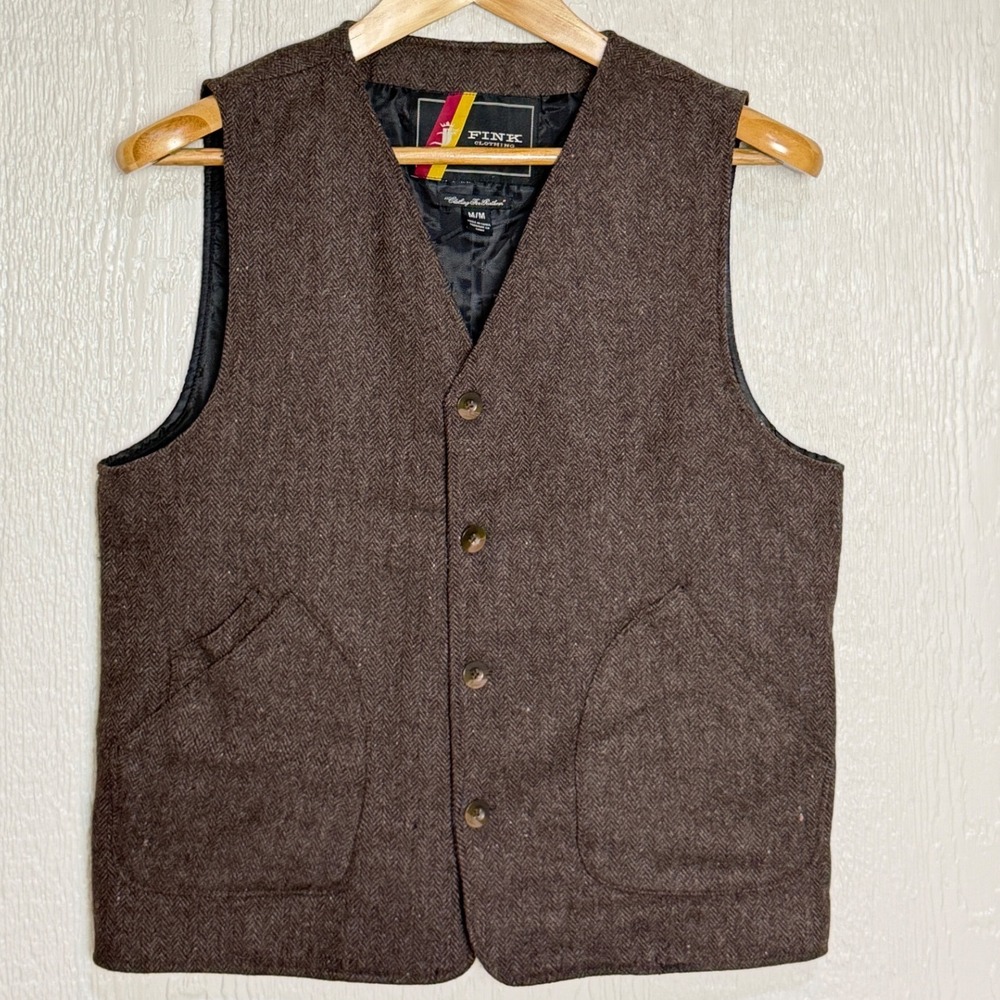 Fink Clothing Mens Brown Herringbone Wool Blend Tweed Vest Waistcoat Size Medium